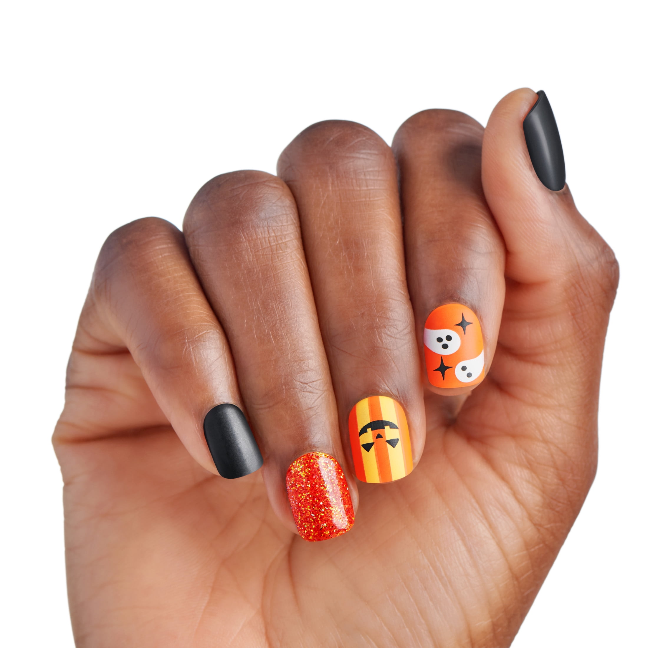 Kiss Impress Press On Nails Short, Halloween, ‘Dead Glam’, Orange & Black, Squoval, 30 Count