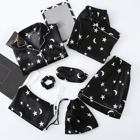 Amidoa Long Sleeve Plus Size Womens Pajamas Satin Star Print Pajama Sets Womens Pj Shorts Set