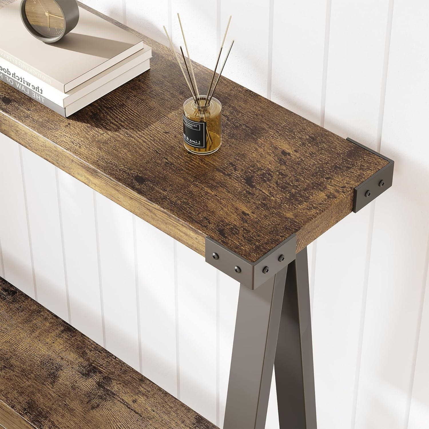 Farmhouse Narrow Entryway Table, 43.3" Console Table with Storage, 2 Tier Sofa Table with Metal Frame and MDF, Narrow Console Table for Living Room, Hallway, Entryway-Rustic Brown
