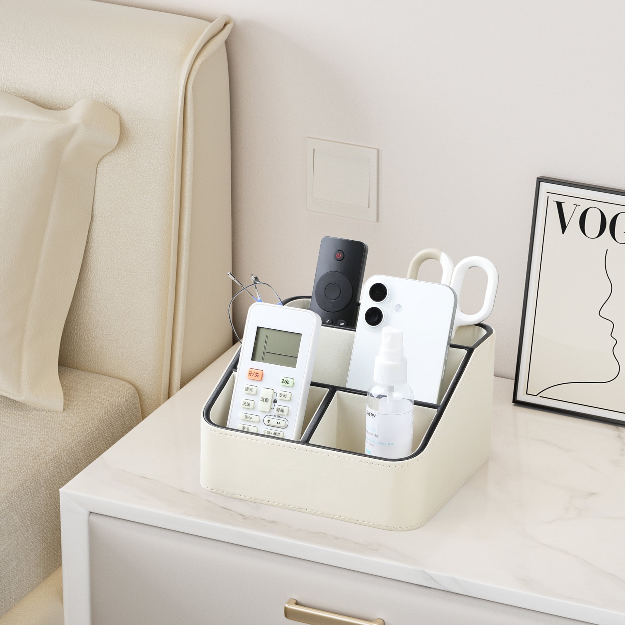 Remote Control Holder, PU Leather Small Desk Organizer Stylish Cute Desktop Organizer for Home Office Desk Accessories, Remote Caddy Bedside Nightstand Organizer for Women Men (Cream)