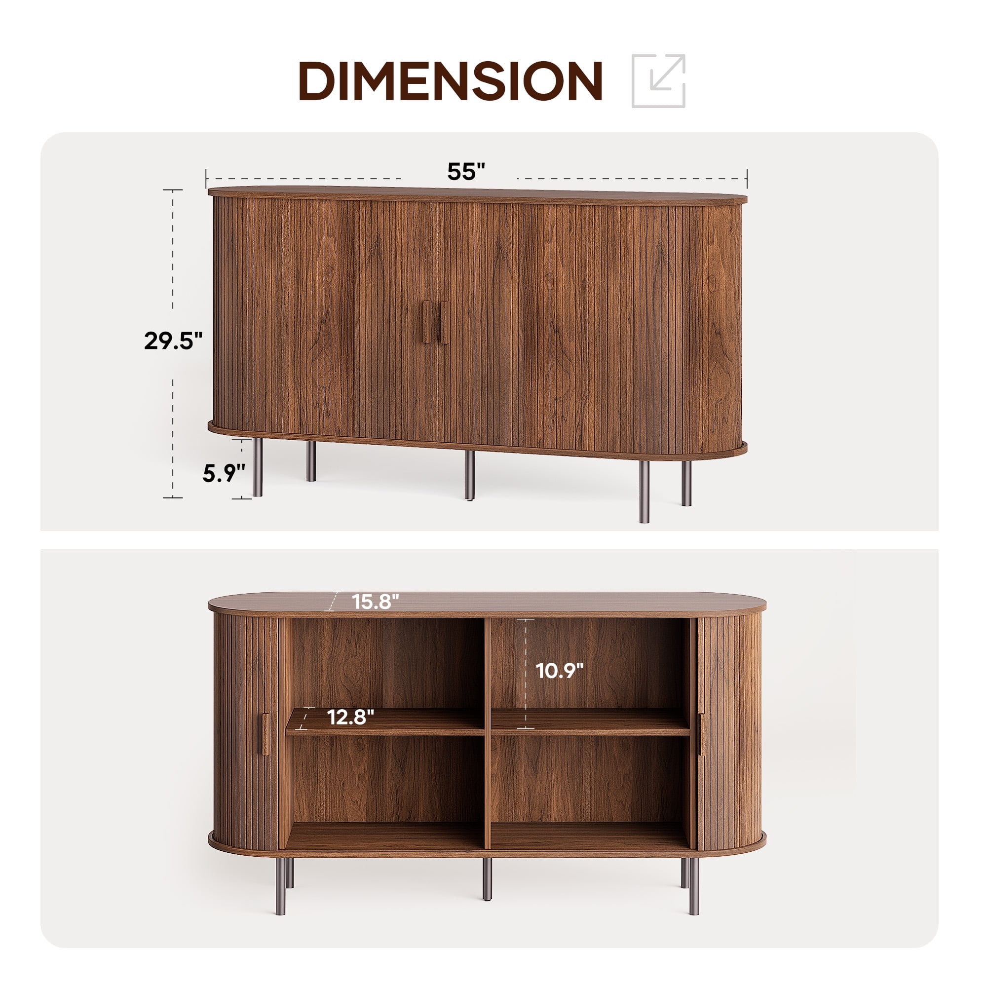 MARNUR Sideboard Buffet Cabinet 55" Storage Cabinet with 2 Sliding Tambour Doors, Adjustable Shelves for Kitchen Office Bedroom Hallway Entryway, Walnut