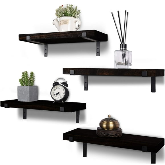 HXSWY Étagères Flottantes en Bois Rustique pour Décoration Murale Étagère Murale en Bois Style Ferme pour Salle de Bain Cuisine Chambre Salon Ensemble de 4 Brun Clair