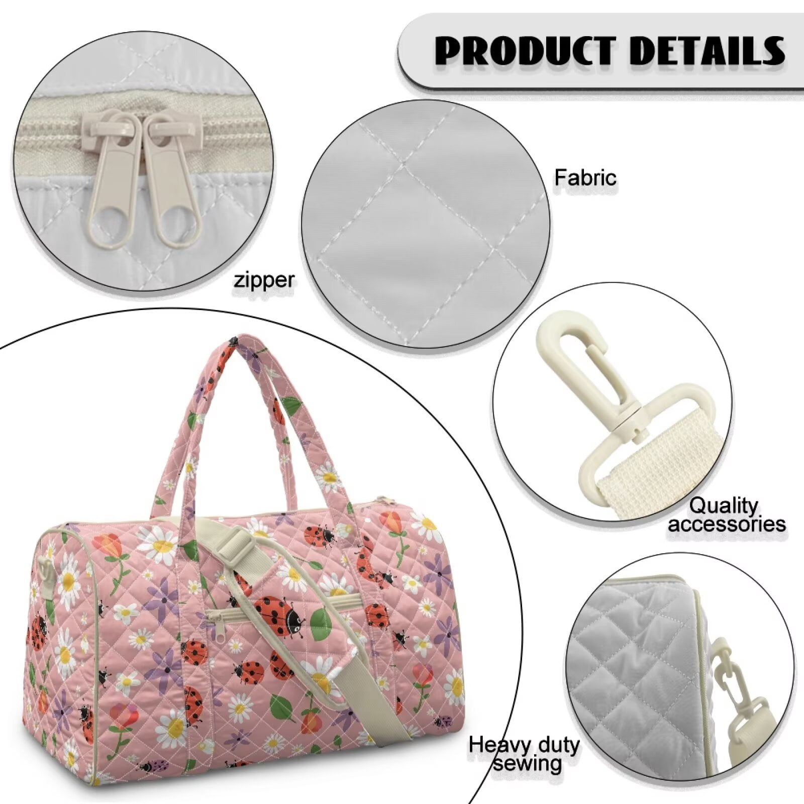 Garronmavis Pink Ladybug Floral Large Quilted Duffle Bag for Women, Weekender Travel Bag Overnight Bag Carry On Gym Dance Tote with Zipper Pockets, Luggage Sleeve Compatible