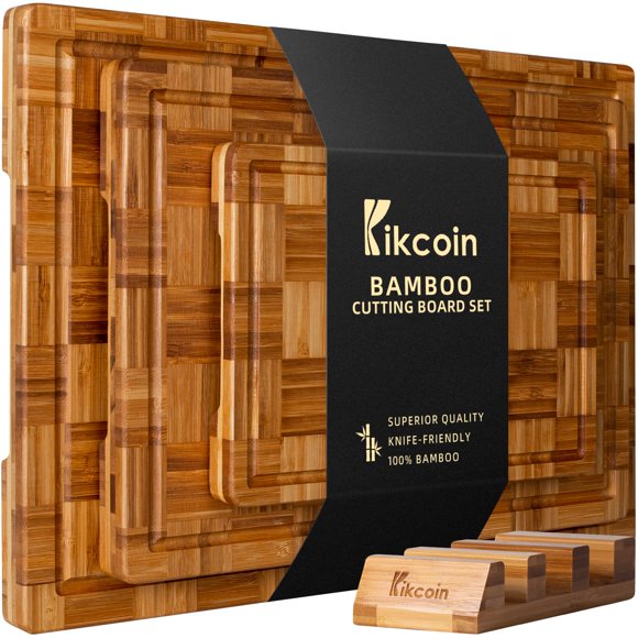 Juego de tablas de cortar Kikcoin de madera de bambú con ranura para jugo (XL/L/M)