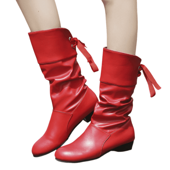 Domuza Women Slouchy Mid Calf Boots with Back Lace Up Bow, Smooth Faux Leather Low Block Heel Casual Dress Boots for Autumn Winter Daily Dating Party Red 7(EU-38)