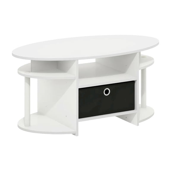 White Oval Coffee Table with Storage Bin and Modern Minimalist Design