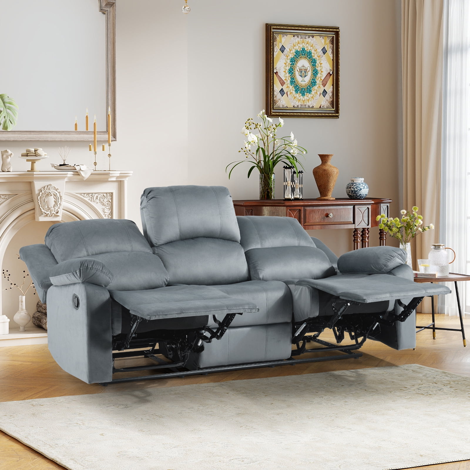 Bonzy Home Manual 3-Seat Reclining Sofa 3-Seater Couch with Overstuffed Arms & Backrest, Gray