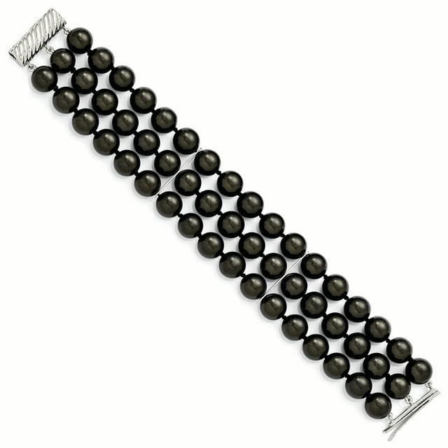Sterling S Majestik Rh-pl 3 Row 10-11mm Blk Imitat Shell Pearl Bracelet 7.5 Inch "Bracelets