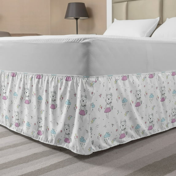 Animals Bed Skirt, Funny Cartoon Happy Lady Cat Pattern with Hearts Crown Comet Clouds and Raindrops, Elastic Bedskirt Dust Ruffle Wrap Around for Bedding Decor, 4 Sizes, Multicolor, by Ambesonne