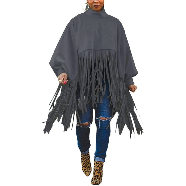 Haut à Franges à Manches Longues et Col Haut pour Femmes, Grande Taille, Poncho à Franges