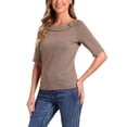 thumbnail image 4 of INSPIRAR CHIC Blusas de media manga con cuello barco de pata de gallo para mujer, color marrón, 4 of 5