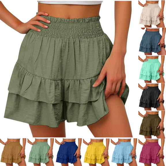 Nkmbld Women's Summer Shorts Solid Casual Beach Vacation Layered Ruffle Wide Leg Flowy Clothes