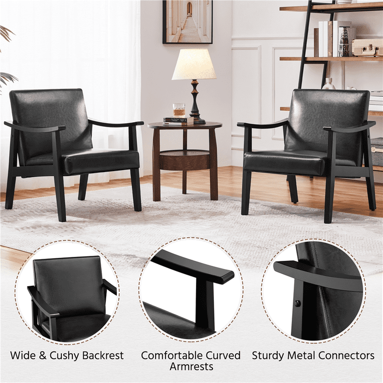 Renwick Mid-Century Accent Chair, Set of 2, Black Faux Leather photo 6