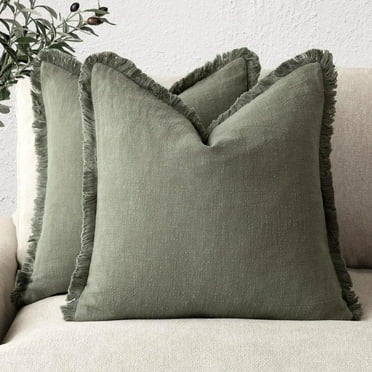 ILANKTOZI 18" x 18" Olive Green Solid Print Linen Fringe Throw Pillow Covers (2 Count)