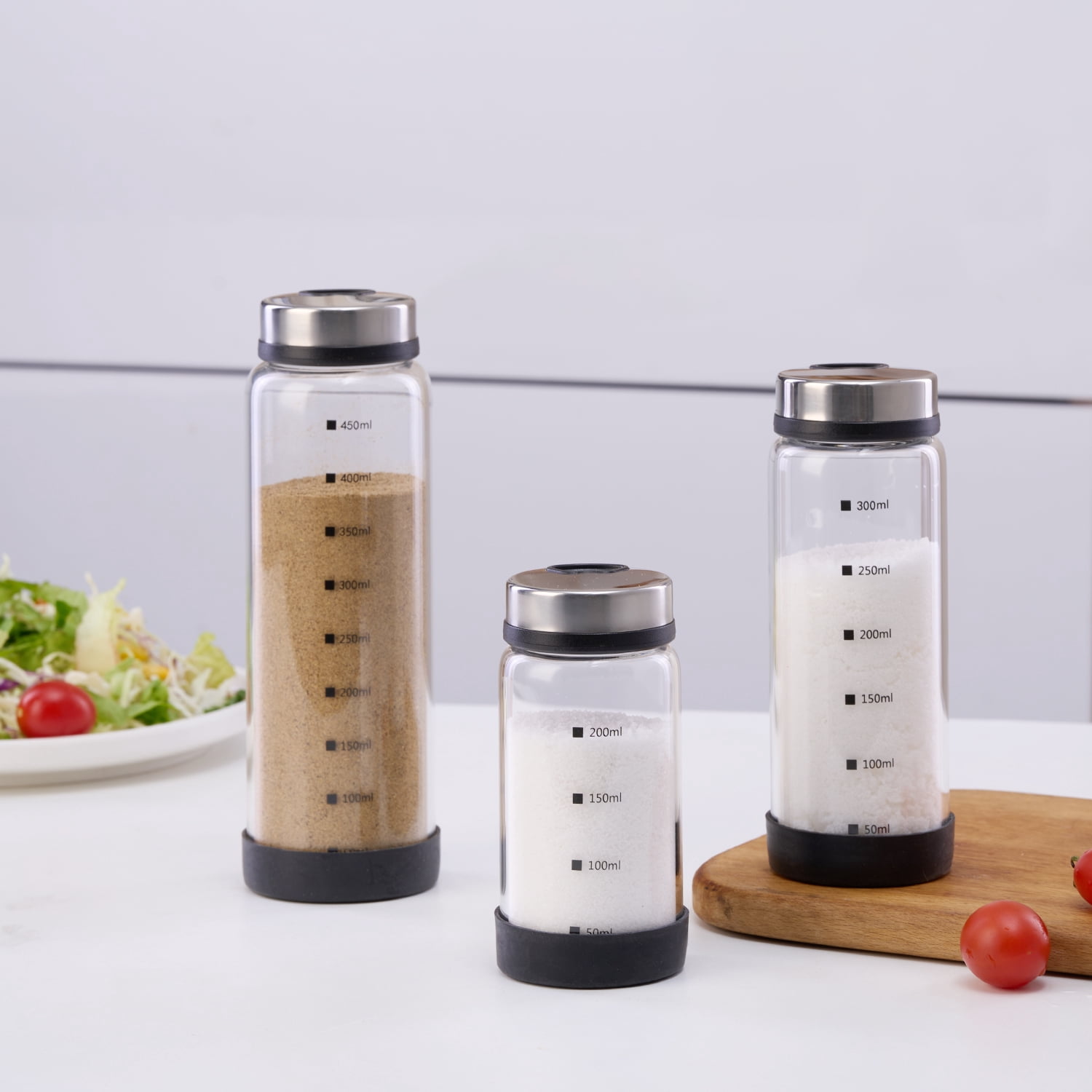 Verdental 7 oz Clear Glass Salt Shaker, Pepper, Sugar and Spice Dispenser, with Spices Labels
