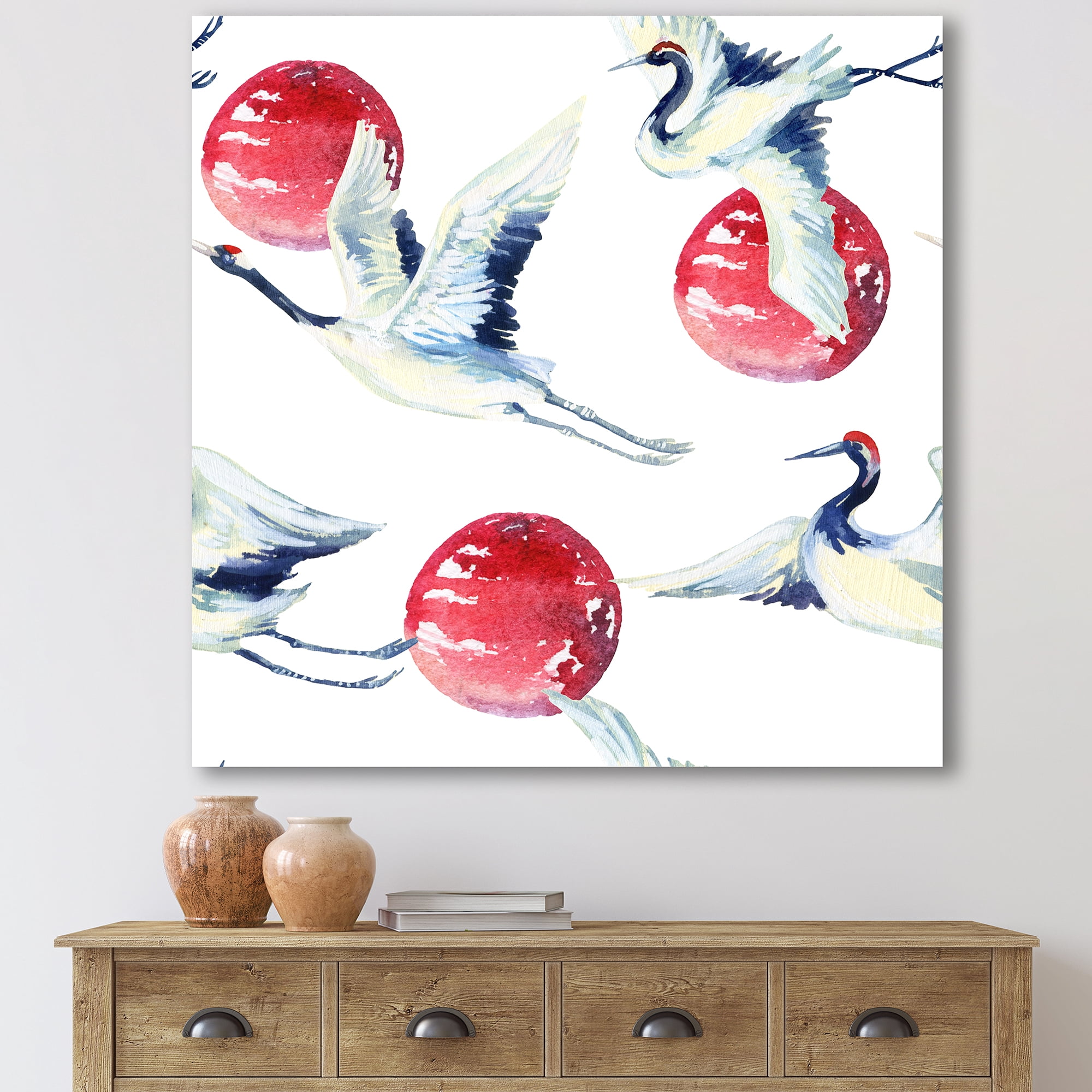 Designart ' Red Full Moon With Asian Crane Bird ' Traditional Canvas Wall Art Print