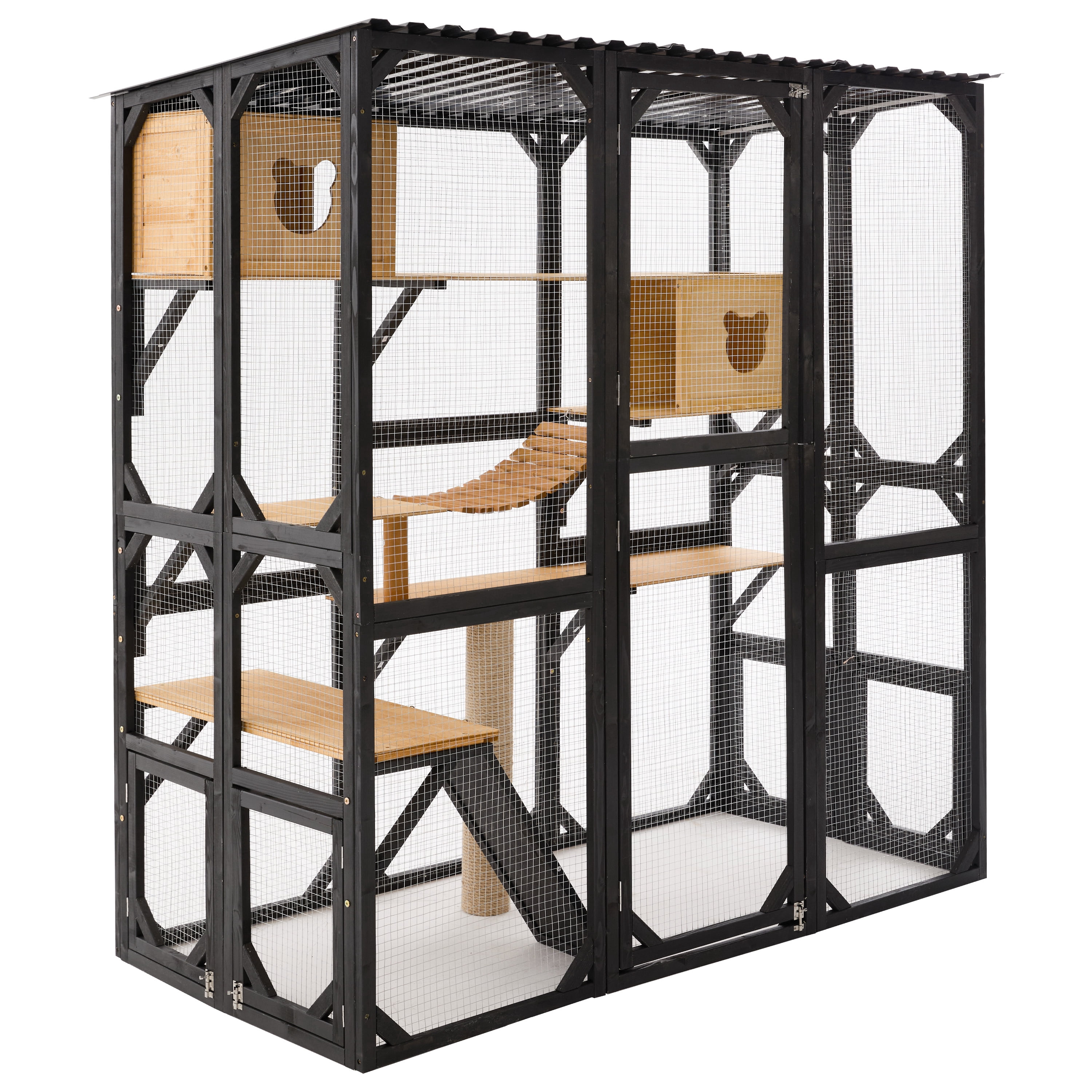 Outdoor Cat Enclosure, Fir Wood Catio with Sleeping Houses, Jumping Platforms, Scratching Post & Secure Doors, Black + Natural, Ideal Patio Playpen for Cats