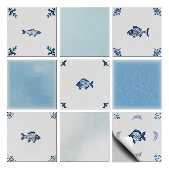 36 Pcs 9 Style Tile Stickers Vintage Peel and Stick Wall Stickers Blue Hand Drawn Fish Delft Style Waterproof Self Adhesive Stick on Tiles Decals
