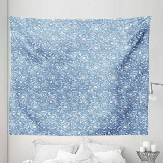 Turtle Tapestry, Turtle and Mollusk Sketch Wavy Ocean Pattern Monochrome Marine Composition, Fabric Wall Hanging Decor for Bedroom Living Room Dorm, 5 Sizes, Pale Blue and White, by Ambesonne