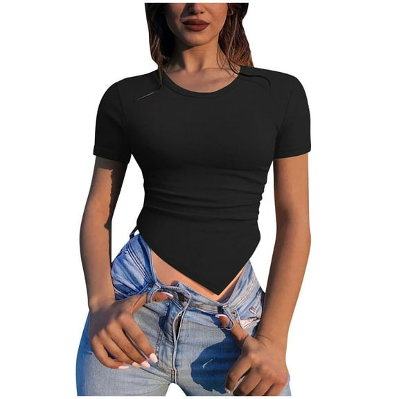 HBYJLZYG Summer Black Womens Tops Short Sleeve Casual Slim Round Neck T-Shirts Irregular Hemline Shirts