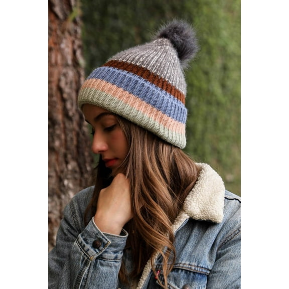 Pastel Stripe Knit Pom Beanie