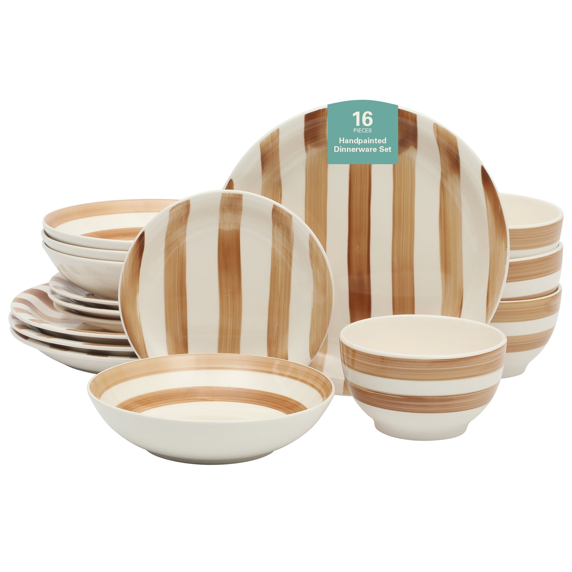 Gibson Home Kenwood Shores 16 Piece Stoneware Dinnerware Set, Hand-Painted Plates and Bowls, Service for 4 - Brown Striped