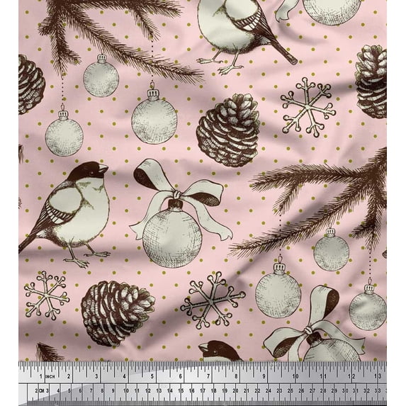 Soimoi Pink Rayon Fabric American Robin & Baubles Christmas Print Fabric by The Yard 42 Inch Wide