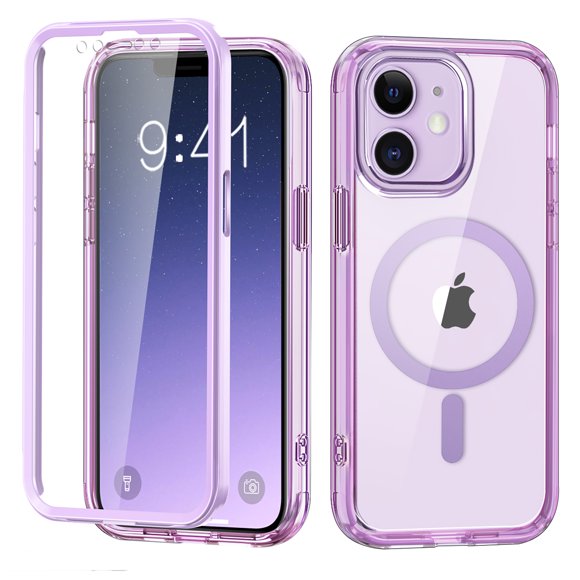 iPhone 11 Phone Case with Built-in Screen Protector, iPhone 11 Magnetic Case Compatible with MagSafe, Clear Slim Shockproof Anti-Scratch Protective Cover for iPhone 11 6.1",Light Purple
