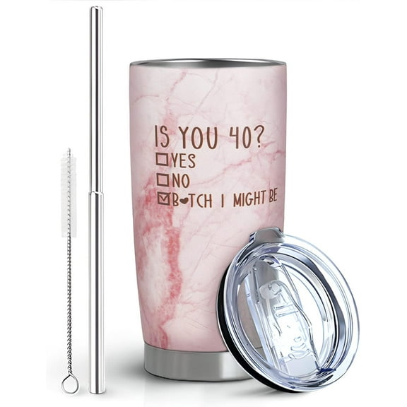 40th Birthday Gifts for Women- 20oz Stainless Steel Tumbler with Lid and Straw, Vacuum Insulated Coffee Tumbler Pink Marble Cups, Funny Coffee Mug Gifts for Sisters, Friends, Coworker, Wife