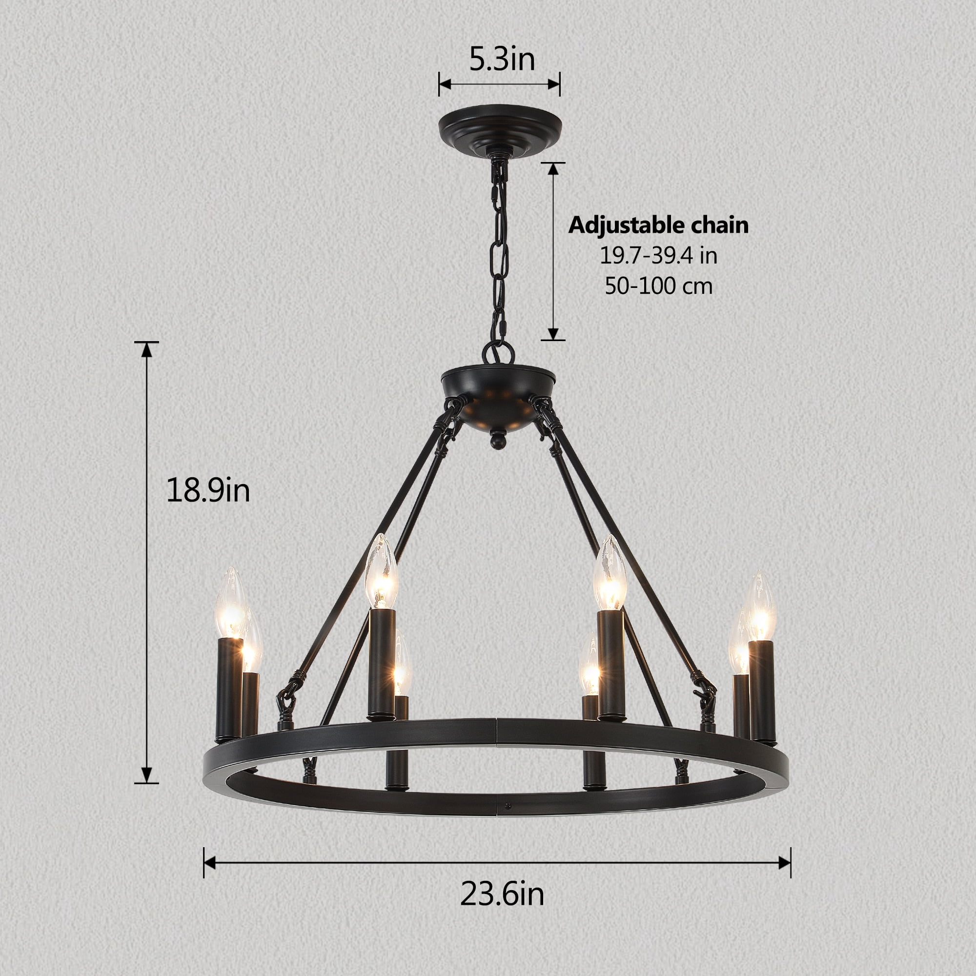 8-Light Black Farmhouse Industrial Wagon Wheel Chandelier, Rustic Metal Ceiling Light Fixture