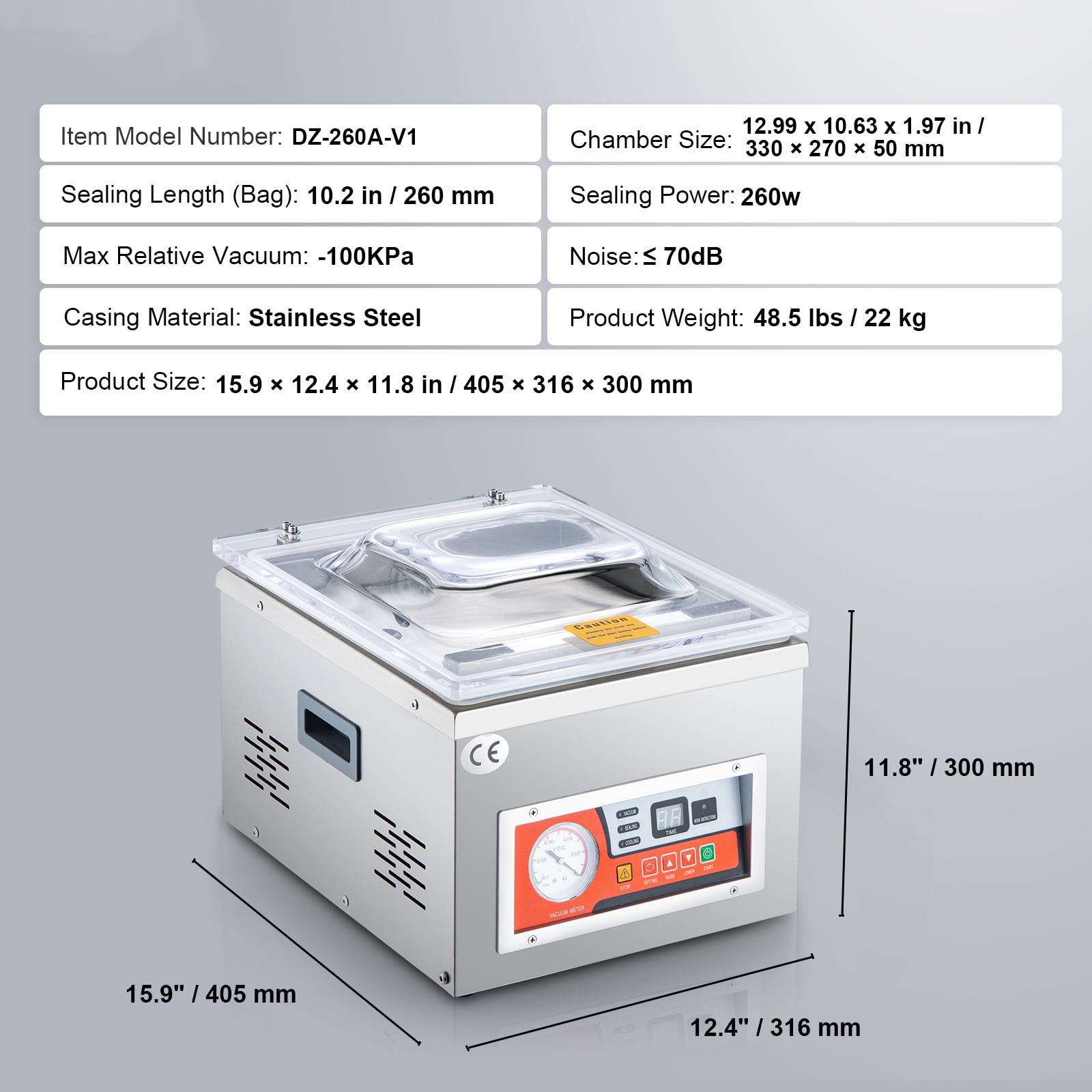 KFFKFF Chamber Vacuum Sealer, 260W Power, Vacuum Packaging Machine for Wet Foods, Meats, Marinades, and More, Compact Design with 10.2-inch Sealing Length