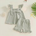 thumbnail image 2 of NOLDARES Little Girls Summer Short Sets Kids Ruffle Bow Stripe Sleeveless Tank Tops and Shorts Clothes Toddler Girls 2Pcs Outfits(A1-Light Green,3-4 Years), 2 of 4