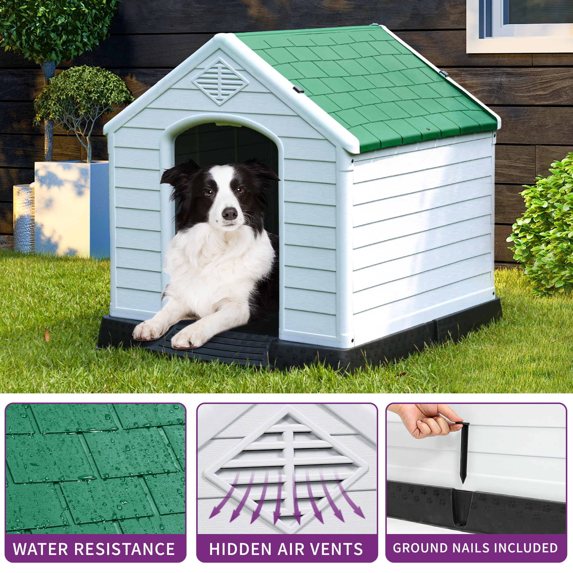 Dextrus Large Plastic Dog House Outdoor Indoor Dog Puppy Shelter Water Resistant with Air Vents and Elevated Floor (41''L*38''W*39''H, Green)
