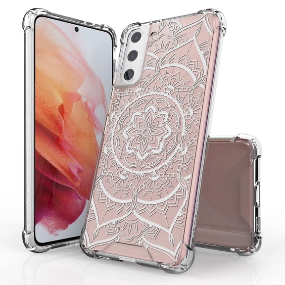 ANJ  Hybrid Slim Hard Back Cover Case Flexible Bumper for Samsung Galaxy S21 Plus - White Mandala