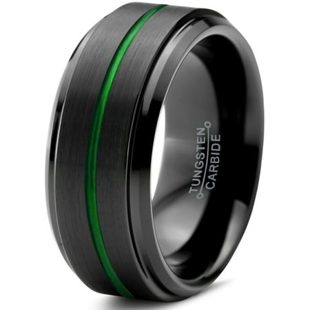 Tungsten Wedding Band Ring 10mm for Men Women Green Black Beveled Edge Brushed Polished Center Line Lifetime Guarantee