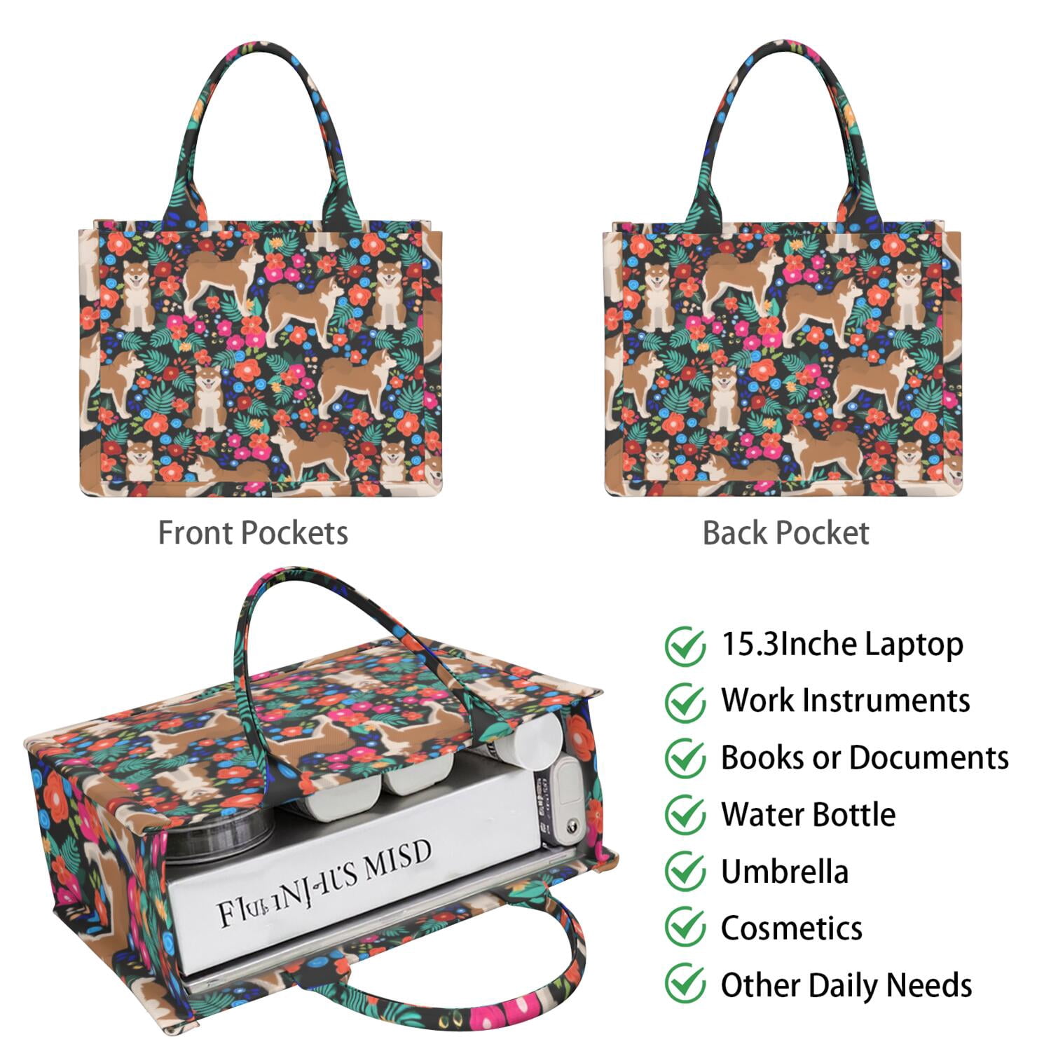 Large Capacity Tote Bag,Shiba Inu Dog and Flower Floral Handbag Fashion Luxury Tote Bag,15.7"x13"x 5.1" Inches,Laptop Compatible