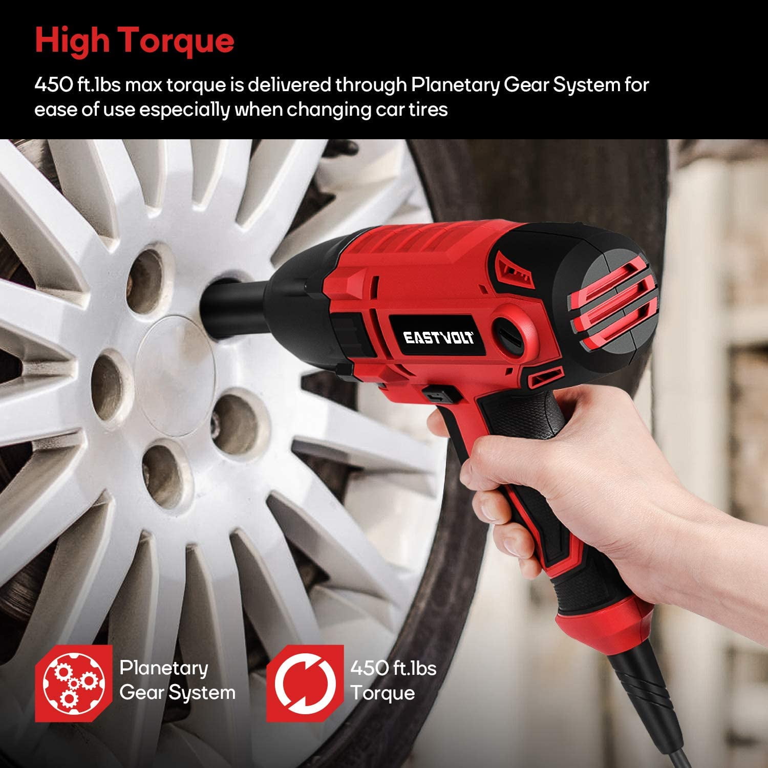 800W Electric Impact Wrench, Heavy Duty 7.5 Amp Corded Max Torque 450 Ft-lbs 3400 RPM, 1/2 Inch with Hog Ring Anvil