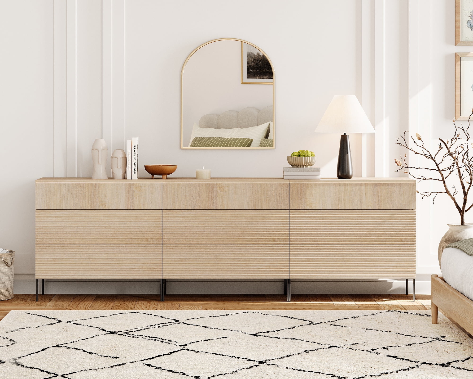 3 Drawer Dresser Set of 3 for Bedroom, Minimalist Chest of Drawers with Storage, 9 Drawer Dresser with Reeded Design, Wooden Modern Dresser for Living Room, Bedroom, Entryway