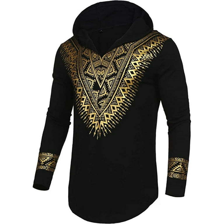 Daupanzees Mens African Dashiki Hooded Shirt Metallic Gold Stamp