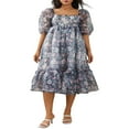 thumbnail image 1 of Femmes d'Été Bouffi Manches Robe de Bal Vintage Imprimé Col Carré Princesse Dentelle Tulle Taille Haute Robe Fluide, 1 of 6