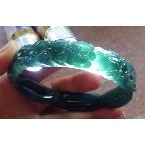 Certified Icy Green Burma 100% Natural A JADE Jadeite Flower Knotted Bangle Bracelet 64 mm 646718 TN