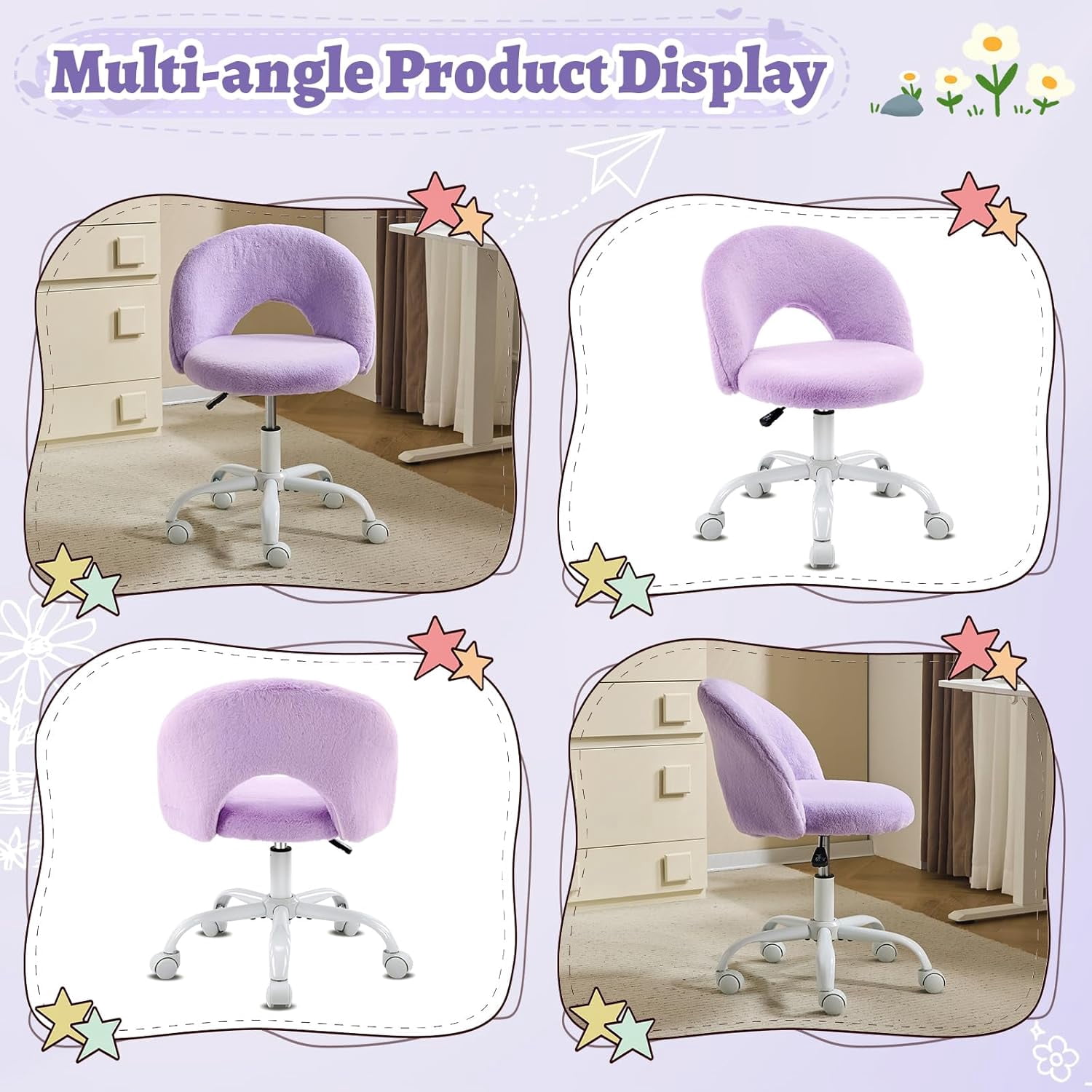 VINGLI Small Vanity Chair with Wheels for Girls.Cute Modern Adjustable Height Armless Office Desk Chair.360°Swivel Comfy Rolling Chair for Study, Make up Room,Small Space,Linen White