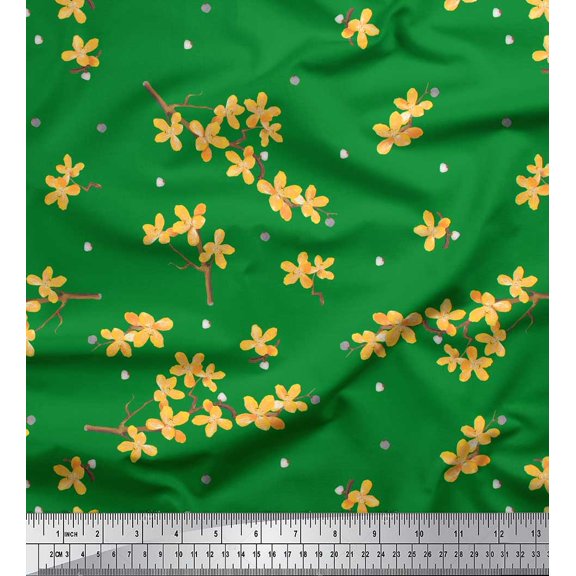 Soimoi Green Rayon Fabric Ball Dahliya & Rose Floral Print Sewing Fabric Yard 56 Inch Wide