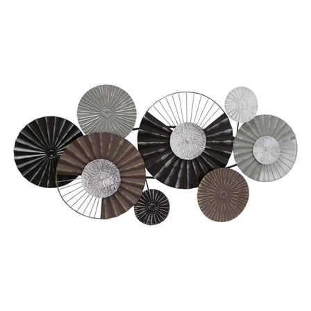MODERNIST HOME Floating Roundels Wall Art Sculpture, Hand Welded, Ruffled and Incised Metal, Brown, Black, Silver, Grey, 39.25 Inches