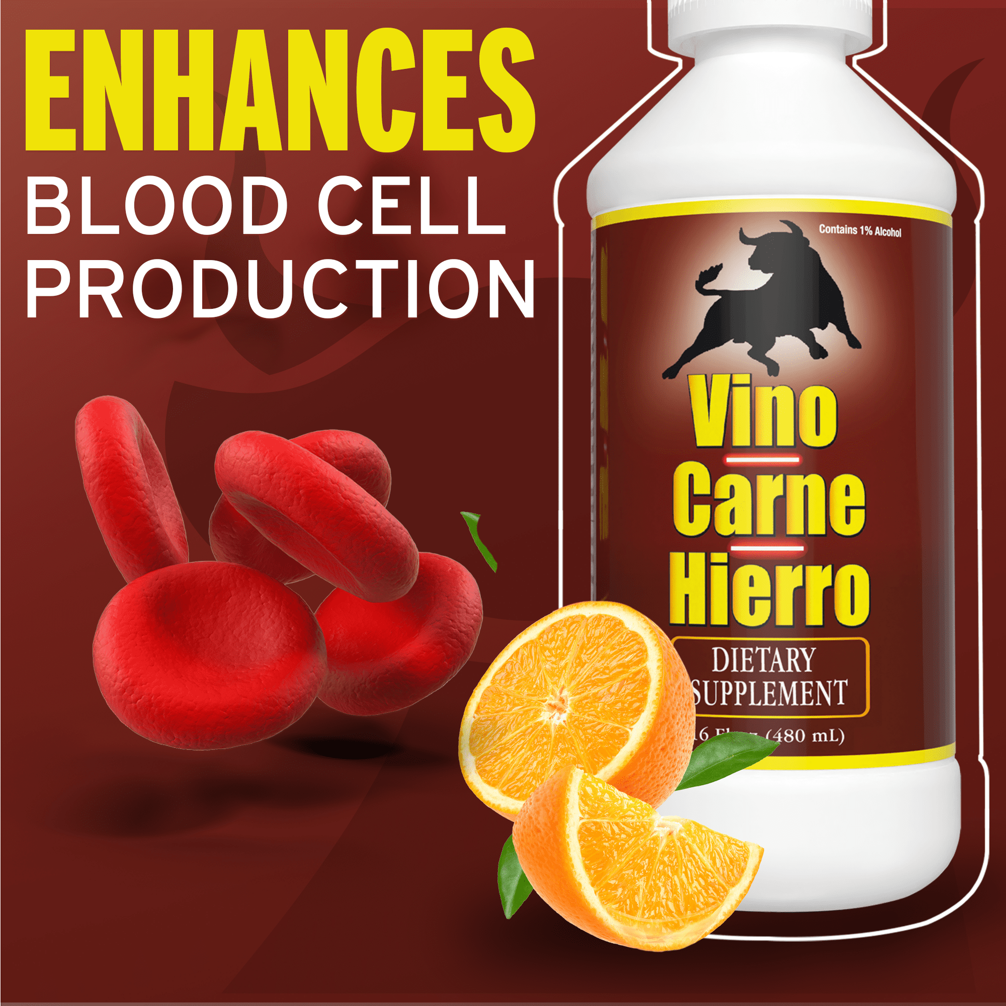 Vino Carne Hierro Liquid Iron Supplement with Vitamins for Energy and Red Blood Cell Support, 16 fl oz, 2-pack
