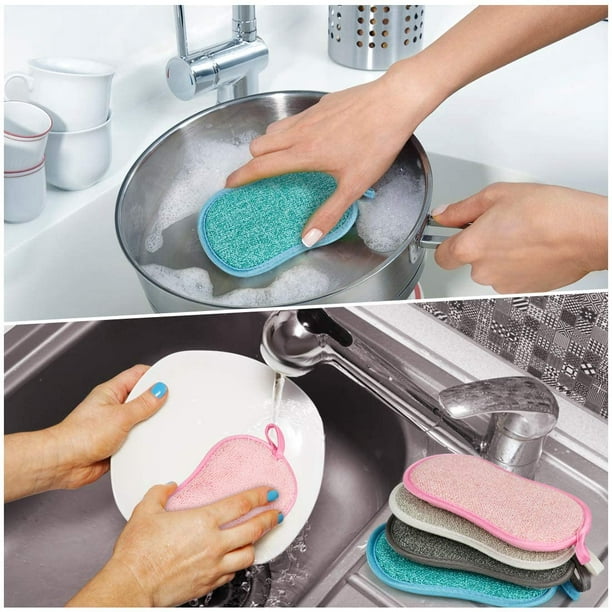 Eponge Vaisselle Lavable antibactérienne en Microfibre Reutilisable Tampons  à récurer éponge Double Eponge pour Poêlons Antiadhésifs Poêles Pots (4pcs  Eponge) 