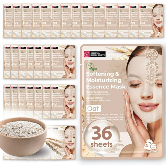 Original Derma Beauty 36 Pack Softening & Moisturizing Oat Essecne Mask Sheet - Face Mask Skin Care Face Masks Skincare, Facial Masks for Women Skin Care