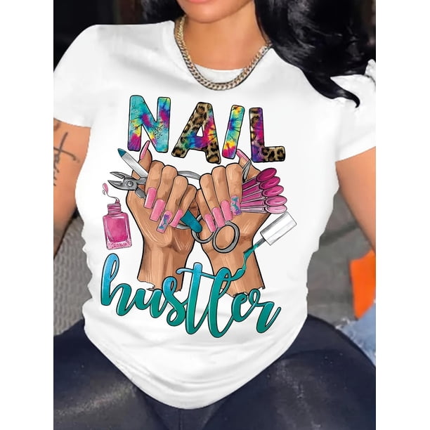 Nail Letter & Graphic Print T-shirt, Short Sleeve Crew Neck Casual Top For Summer & Spring, Women's Clothing