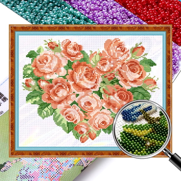 Kit Punto Cruz Rosa 9 Quilates Con Cuentas Bordado Parcial Arte para El 39x33cm