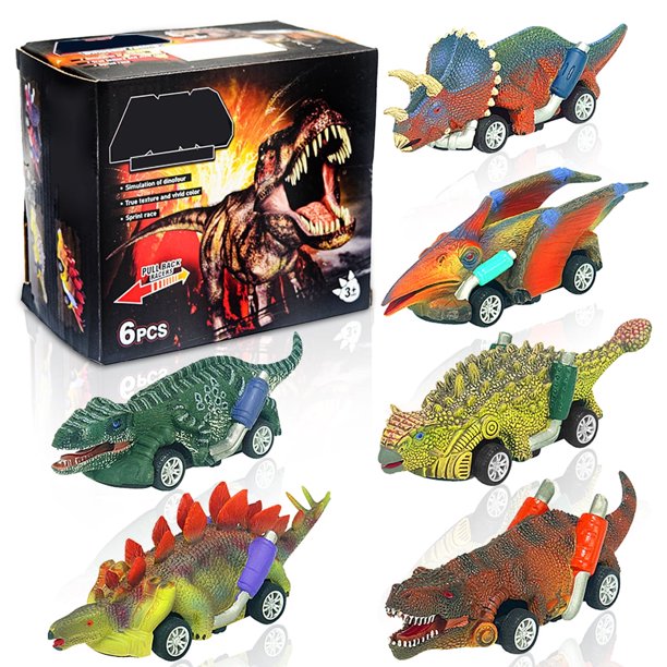 Ghojet - Juego de 6 coches de dinosaurios que se mueven hacia atrás, juguetes navideños de dinosaurios para niños pequeños, regalo de fiesta de cumpleaños de Navidad para niños de 3 a 8 años